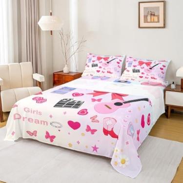 Imagem de Erosebridal Jogo de cama casal com tema de música, cantora de violão, disco de vinil, para meninas e crianças, lençol com elástico, 2 fronhas para decoração de quarto