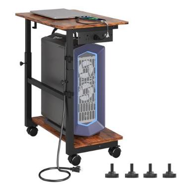 Imagem de HavenlyYouth Suporte de Torre de Computador de 2 Níveis com Tomada Elétrica, Suporte de Torre de PC com Altura Ajustável e Rodas, Carrinho de Suporte de CPU com Ganchos para Casa, Escritório, Gaming