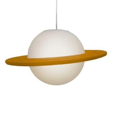 Imagem de Luminária de Mesa Planeta Saturno com Anéis decorativos Cor Laranja | Abajur Temático Espacial de Polietileno para Quarto Infantil e Decoração de Interiores