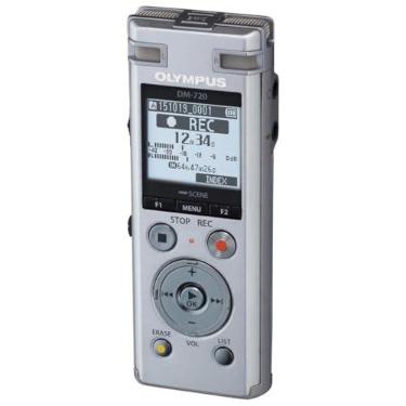 Imagem de Gravador de voz DM-720 da OM Digital Solutions com 4 GB, compartimento micro SD, carregamento USB, direção de conexão PC, modo de transcrição, prata