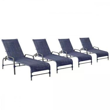 Imagem de Kit 4 Espreguiçadeiras Catar Reclinável Alumínio Assento em Corda Náutica Azul e Preto Trama Original