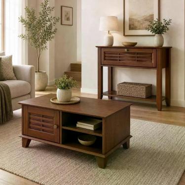 Imagem de Kit Aparador e Mesa de Centro Aton 2 Portas 1 Prateleira Madeira Maciça 90CM Café Lyam Decor