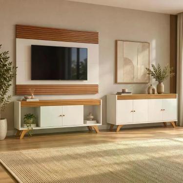 Imagem de Conjunto Sala de Estar Sevilha com Buffet 4 Portas 160CM e Painel 162CM Off White e Naturalle Mavaular