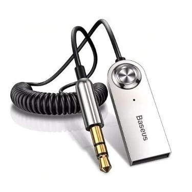 Imagem de Adaptador Áudio Bluetooth 5.0 Baseus Veicular P2 Carro para rádio Music Receiver Mp3 com Microfone Viva Voz Celular Atende Ligações