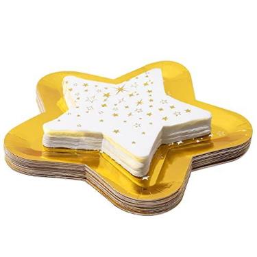 Imagem de Whaline 24 peças de pratos em forma de estrela e 24 peças guardanapo estrela ouro branco talheres à prova d'água descartável conjunto de louça para chá de bebê suprimentos de festa de aniversário aperitivos frutas decoração de sobremesa