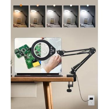 Imagem de Lupa com luz, vidro real 10X e 5X e lente antirreflexo, 5 modos de cores, lâmpada de LED regulável contínua, luminária de mesa mãos-livres com grampo para artesanato e reparo de leitura, hobby (branca