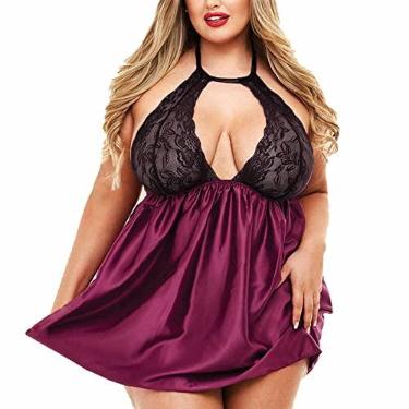 Imagem de Saia noturna de renda pijama loungewear ultramacio conjunto de pijama feminino camisola confortável plus size, roxo, G (65kg/170cm)