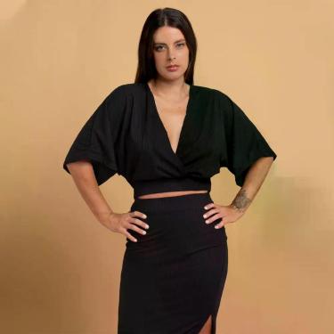 Imagem de Conjunto Saia + Blusa Morcego Feminino Cropped Envelope Saia Fenda - H