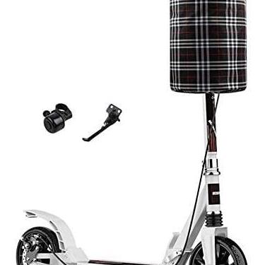 Imagem de Scooters adulto dobrável chute adulto com roda grande e freios de mão capacidade de 330 lbs suspensão dupla com suporte de cesta de armazenamento e sinos, branco