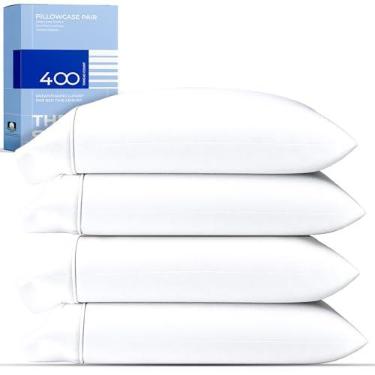 Imagem de THREAD SPREAD Fronhas 100% algodão, tamanho padrão/Queen, conjunto de 4 a 400 fios de algodão, fronhas de cetim ultra macias para dormir, conjunto de 4 fronhas (brancas)