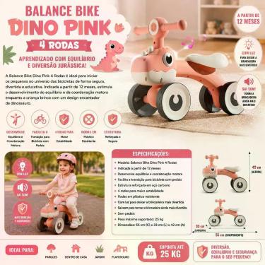 Imagem de Balance Bike Dino Infantil com Luz e 4 Rodas Até 25kg Rosa - UNITOYS