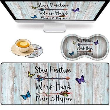 Imagem de Mouse pad grande para jogos + almofada de suporte de pulso + porta-copos de café, mantenha o trabalho positivo e faça acontecer tapete de mesa dobrável com borda costurada, almofada antiderrapante adequada para trabalho de escritório e casa