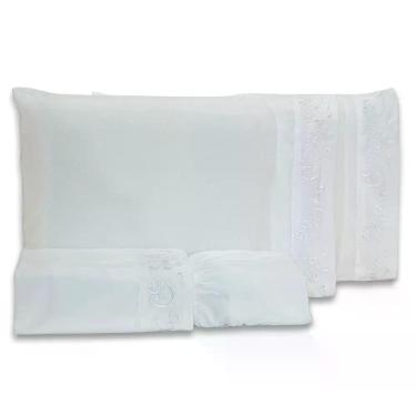 Imagem de Jogo De Cama Lençol King Blossom Bordado Floral Percal 300 Fios Com Fronhas 04 Peças - Toque Acetinado Cor Branco