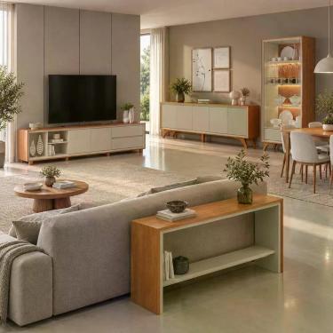 Imagem de Conjunto Ambiente Premium com Rack Buffet Cristaleira e Aparador MDF Off White Mavaular Móveis
