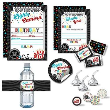Imagem de O pacote Deluxe Bold Movie Night Birthday Party inclui 20 convites e cartões de agradecimento com envelopes + 2 tamanhos diferentes de adesivos, mini embalagens de barra de doces e etiquetas de garrafa de água!
