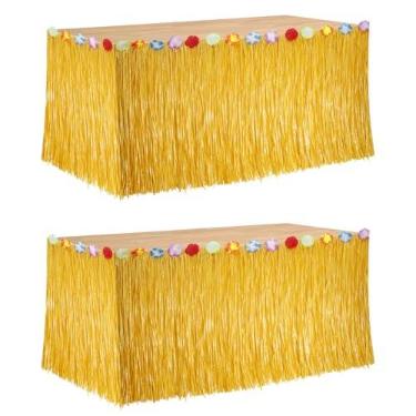 Imagem de Saia de mesa com 2 peças, saia de mesa havaiana para decoração de festa havaiana 76 cm x 2,5 m com flores de hibisco palha amarela saia de festa para festa temática havaiana de luau