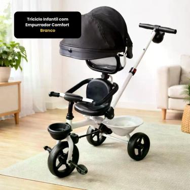 Imagem de Triciclo Infantil Comfort com Empurrador Capota Ajustável Assento Anatômico Branco Uniart