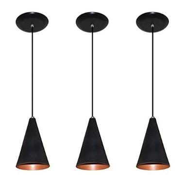 Imagem de Kit 03 pendentes de aluminio modelo cone - ideal para balcao cozinha americana, bancada (Preto com Cobre)