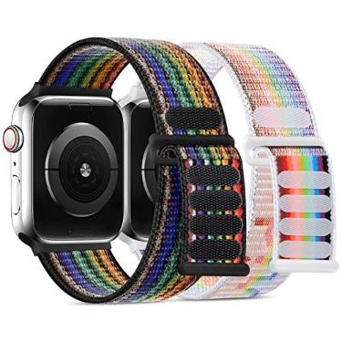 Imagem de WJK Pulseira compatível com Apple Watch SE feminina e masculina, pulseira elástica de nylon esportiva arco-íris compatível com Apple Watch 38 mm, 40 mm, 41 mm, 42 mm, 44 mm, 45 mm, para pulseiras iWatch Series 7, 6, 5, 4, 3, 2, 1 SE, pacote com 2