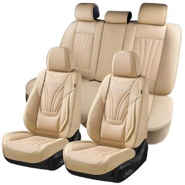 Imagem de Coverado Conjunto completo de capas de assento de carro, protetor de assento de carro de 5 peças com suporte lombar e encosto de cabeça removível, almofada de couro respirável para assento dianteiro