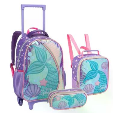 Imagem de Kit Mochila Escolar Com Rodas, Lancheira E Estojo Sereia Top - Seanite