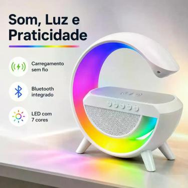 Imagem de Caixa de Som Bluetooth Branca com Carregador Sem Fio LED Rádio FM USB 
