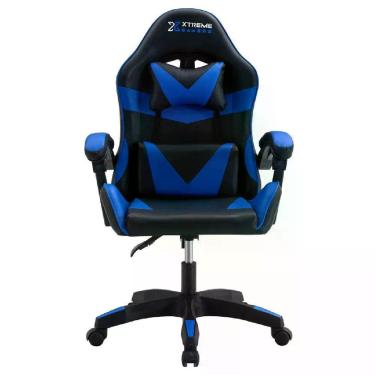 Imagem de Cadeira Gamer Cinesis Conthey com Almofada Cervical e Lombar Revestimento em Couro Sintético Preto-azul