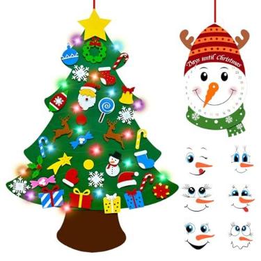 Imagem de Árvore de Natal de feltro para crianças, conjunto de árvore de parede de feltro de 1,1 m para parede com luzes + calendário do advento boneco de neve + 6 adesivos de rosto + 33 enfeites, decoração de