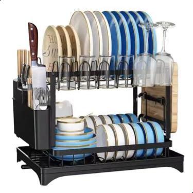 Imagem de Escorredor De Louça Em Ferro Com Pintura Eletrostática a Pó Com Drenagem Automática 360° 2 Níveis Porta Pratos e Copos, Porta Tábua e Talheres Removível Melhor Capacidade de Organização X-MATTE PRETO
