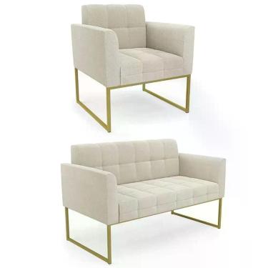 Imagem de Kit Namoradeira E Poltrona Industrial Ana Bouclê Bege Dourado Sala De 