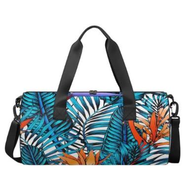 Imagem de Bolsa de ginástica esportiva com estampa de folha de palmeira tropical, bolsa de bagagem, folhas de palmeira, bolsa esportiva, bolsa de ginástica, bolsa de viagem de lona para academia, bolsa de ginástica à prova d'água, bolsa de ginástica de viagem para homens e mulheres, Conforme mostrado., 17.6*9