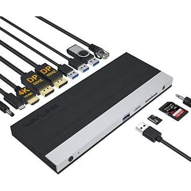 Imagem de WAVLINK Estação de ancoragem tripla USB C para laptop com carregamento de PC de 65 W, base tipo C 13 em 1 para Dell XPS 13/15, MacBook Pro, Lenovo Yoga, etc (2 x DP e HDMI, 4 portas USB 3.0, leitor de cartão SD TF, LAN, áudio)