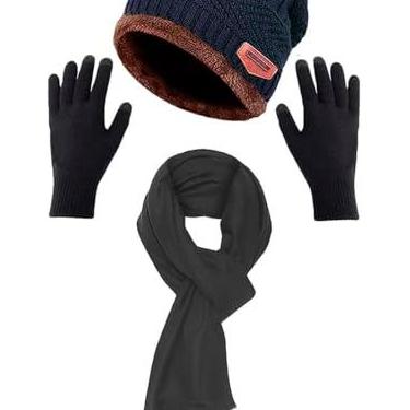 Imagem de Conjunto de 3 peças de gorro masculino de inverno, gorro quente com gorro (AZUL)