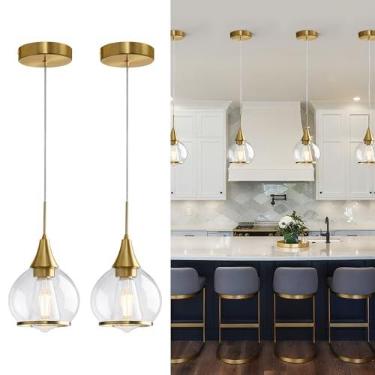 Imagem de HAHZT Luminárias Pendentes para Cozinha: Pacote de 2 Iluminação Moderna em Dourado para Ilha com Vidro Transparente - Luminária de Teto de 15 cm para Cozinha Clássica do Meio do Século para Hall de