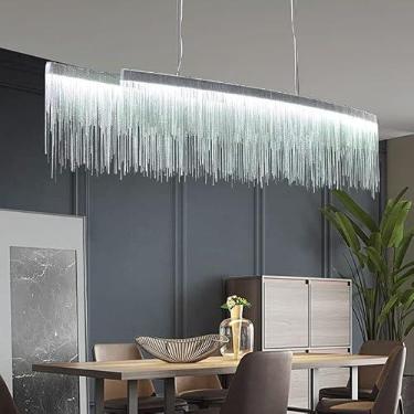 Imagem de Luminária pendente retangular moderna de luxo com borla e corrente decorativa para sala de estar, mesa de jantar, hotel, 100 cm, 40 W, cromada, branca fria, lustre estiloso, iluminação de te