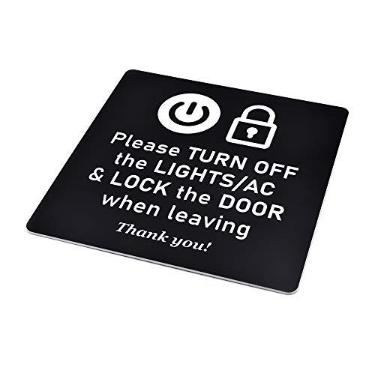 Imagem de OriginDesigned Desligue as luzes e o ar condicionado e trave a porta ao sair, obrigado - Sinal adesivo, aviso informativo - Acrílico preto gravado a laser com texto branco transparente.