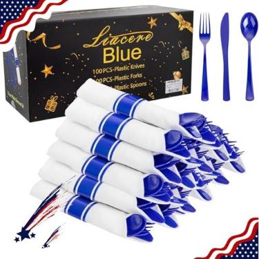 Imagem de Liacere Pacote com 100 talheres azuis pré-enrolados e guardanapos, utensílios de plástico azul descartáveis, conjunto de talheres de plástico com guardanapo: 100 garfos, 100 facas, 100 colheres, 100