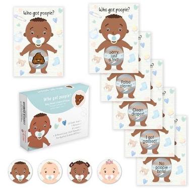 Imagem de Jogo de chá de bebê, 33 cartas de rifa, festa coração, emoji cocô riscado, bilhetes de loteria, menino afro-americano, 3 vencedores 5 designs diferentes de cartas perdidas, atividade boba para quebrar gelo, prêmios de porta