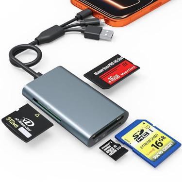 Imagem de Adaptador de metal 4 em 1 Memory Stick Pro Duo, interface tripla Lightning/USB-C/USB-A leitor de cartão para SD/Micro SD/MS/xD-Picture Card, transferência de arquivos de vídeo de 480 Mbps de alta