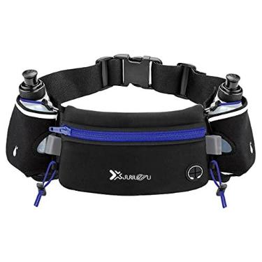 Imagem de Number-one Cinto de corrida com garrafas de água (2 x 175 ml), bolsa de cintura à prova d'água para iPhones bolsa esportiva ajustável para maratona, corrida, caminhada, ciclismo, Azul, 80cm*12cm*0.5cm