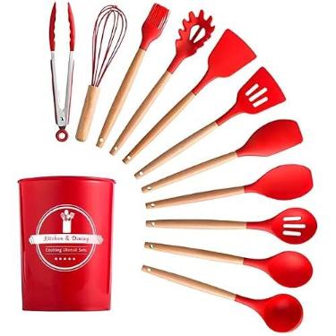 Imagem de Kit Utensílios Cozinha 12 Peças Silicone Antiaderente ultencilio de cozinha - (VERMELHO)