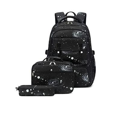 Imagem de kit de mochila escolar infantil menino, mochila masculina grande impermeável lancheira termica masculina estojo pequeno conjunto de três peças (Preto 1)