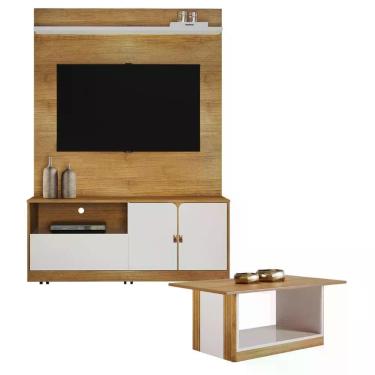 Imagem de Home Theater Monza sem Porta 1 Prateleira MDP-MDF 130CM Off White Valdemóveis com Mesa de Centro Pérola