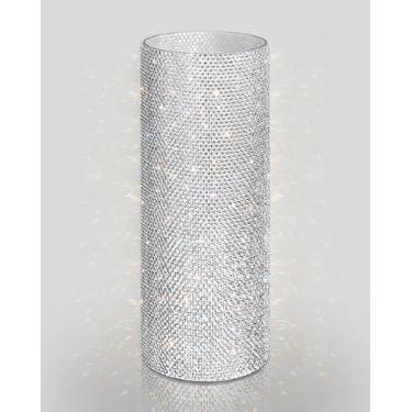 Imagem de Yivaiks Vaso cilíndrico grande brilhante para buquê largo, vaso alto de flores brilhantes com strass brilhante, exibição para casa ou casamento, vidro orgânico antiquebra (30 cm de altura, abertura de