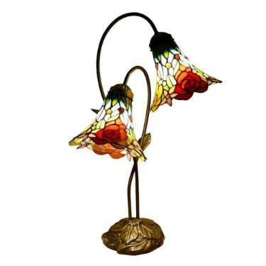 Imagem de VirtueKing Lindas Lâmpadas De Vitral Com Flores De Rosas, Luminária De Mesa De Duas Cabeças, Luminária De Mesa Tiffany De 2 Luzes, 8" De Largura E 24" De Altura, Luminária De Mesa Estilo Tiffany, Lâ