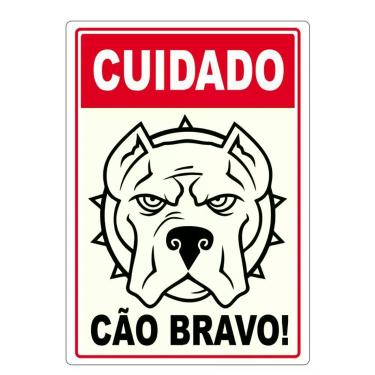 Imagem de Adesivo Placa Cuidado Cão Bravo Vertical 27X17Cm Vermelho