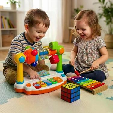 Imagem de Kit Brinquedo Piano Sensorial 4 em 1 com Luzes e Melodias, XILOFONE e 