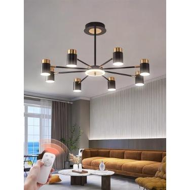 Imagem de Lustre moderno de LED com intensidade regulável, luminária de teto embutida com controle remoto, lustre pendente preto e dourado para sala de estar, quarto, sala de jantar e cozinha (8 lâmpa