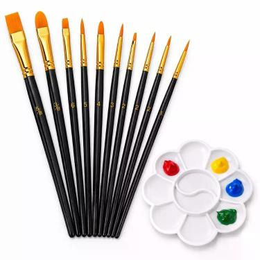 Imagem de Kit 10 Pincéis Pintura Artística Preto + Paleta Godê Flor - Pistache
