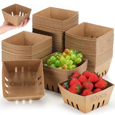 Imagem de Watersay 50 recipientes de papelão cestos de frutas silvestres (9 x 9 x 6 cm) Caixa de recipientes de frutas para frutas e frutas ventiladas para mercado de fazendeiro, mercearia, festa, quintal